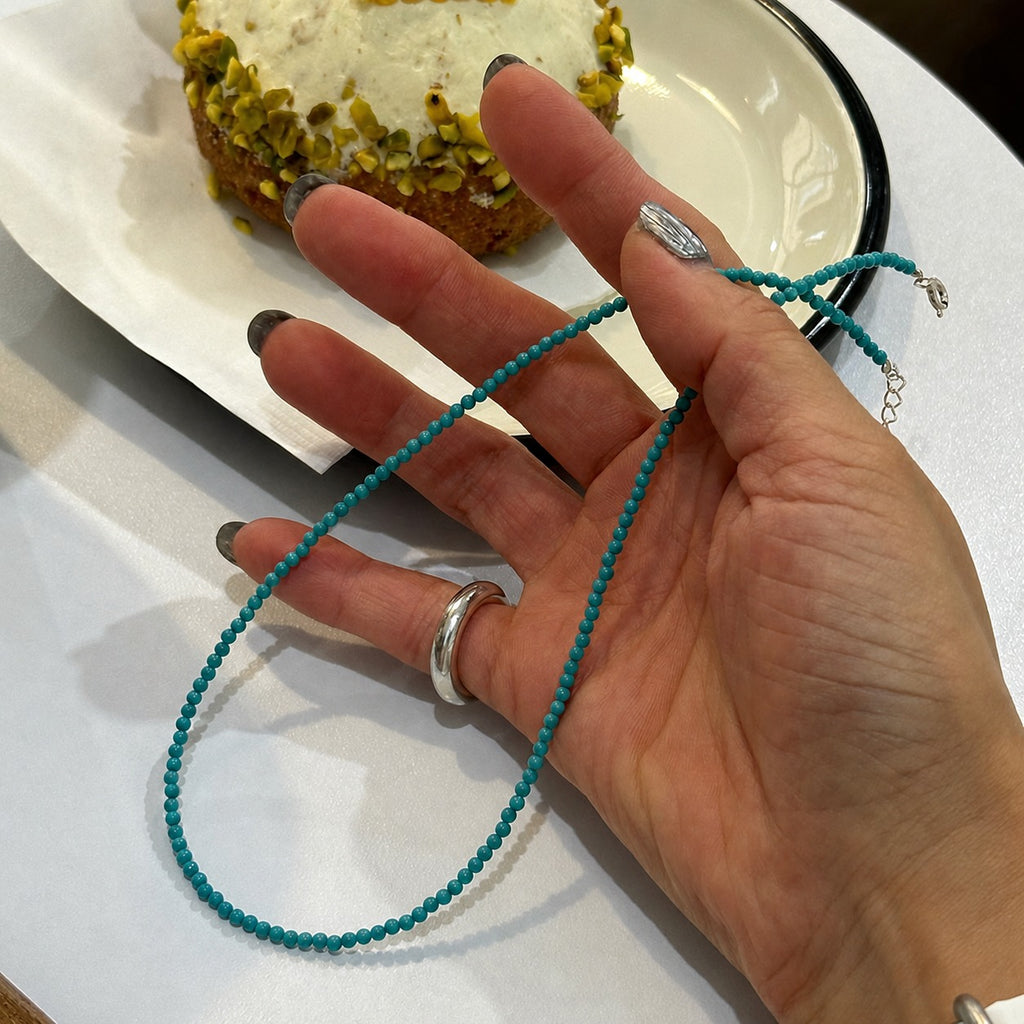 Natural Stone Blue Green Round Beads Set in 925 Sterling Silver Necklace