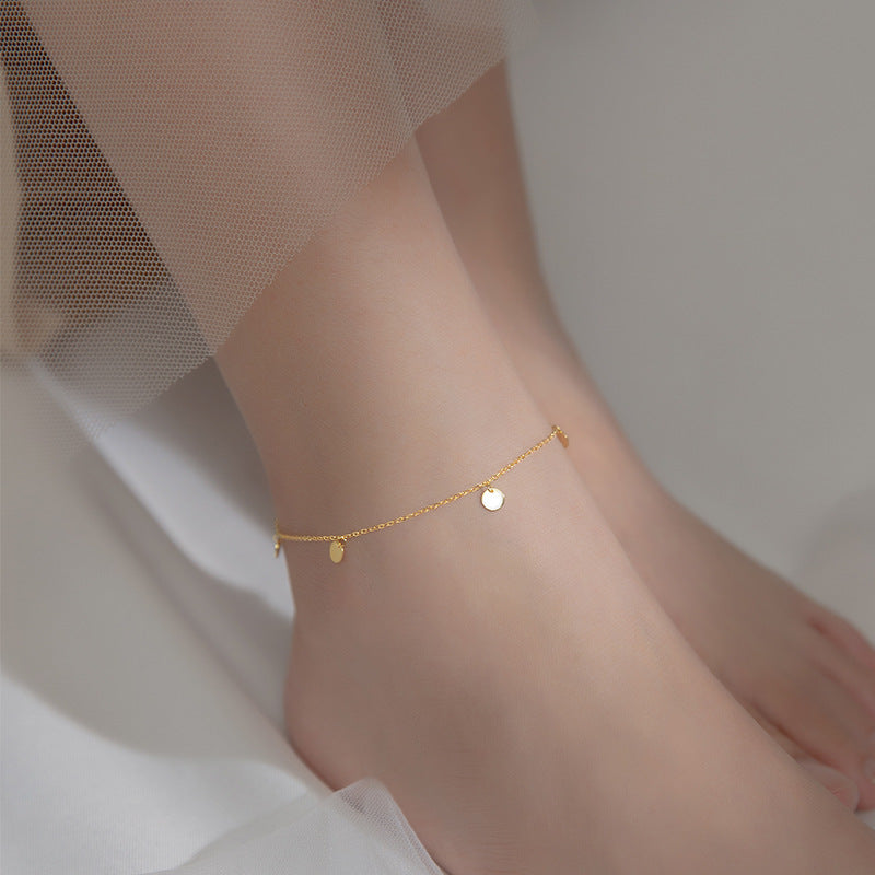 Minimalist Round Disc Charm Gold Color S925 Silver Chain Anklet