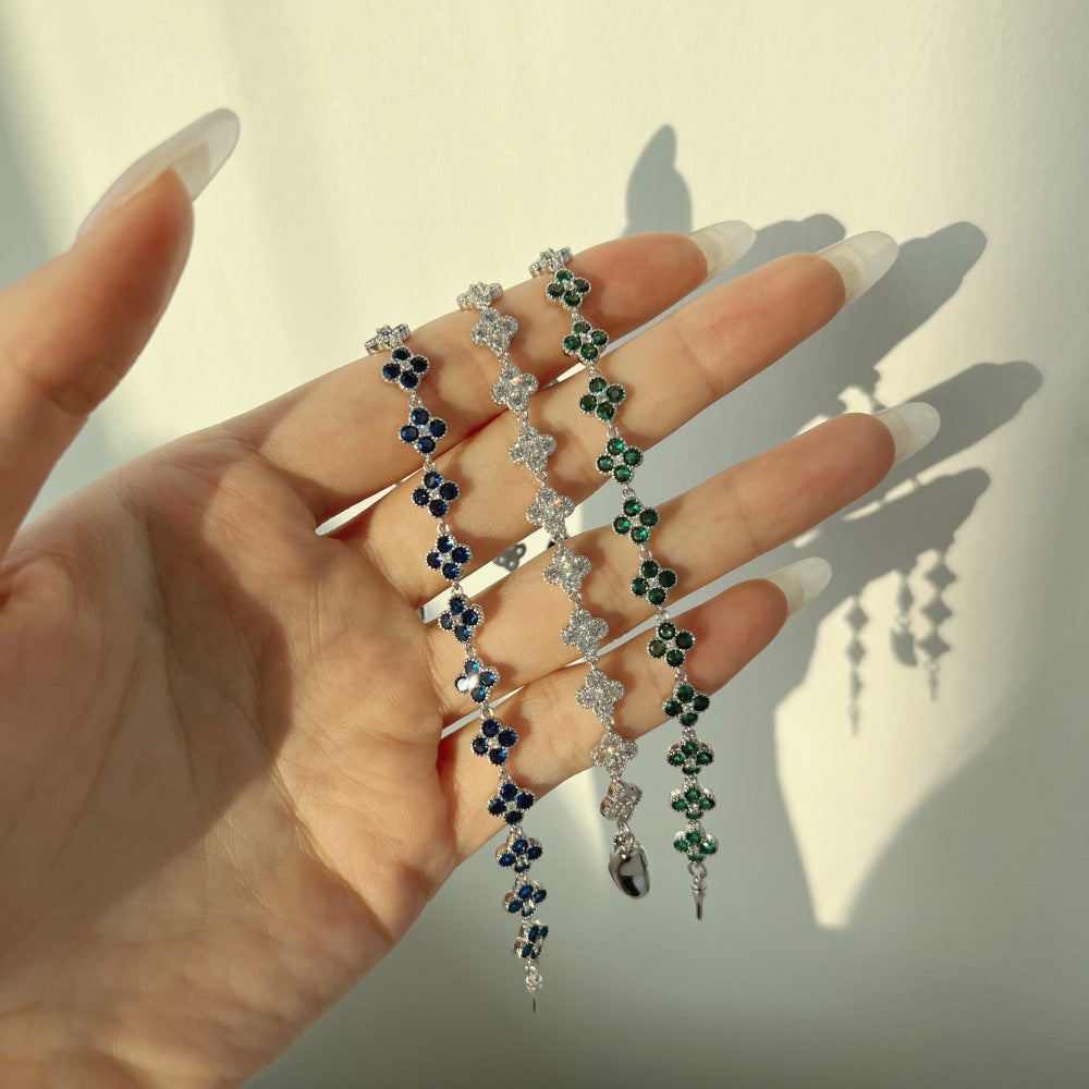 Girl Beautiful White Blue CZ Four Leaf Clover 925 Sterling Silver Bracelet Dangling Earrings