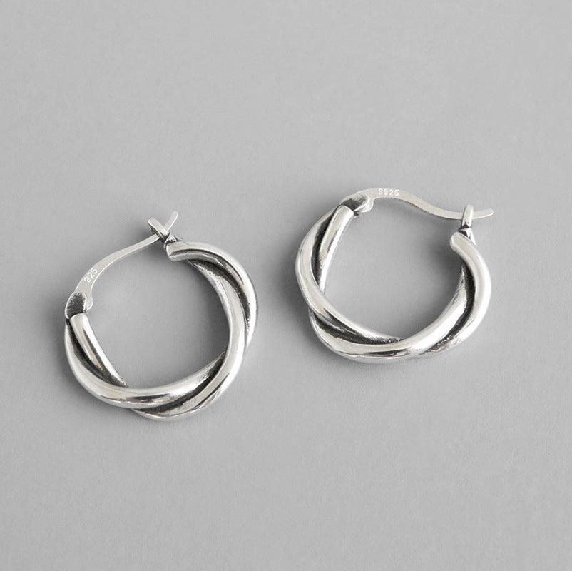 Vintage Twisted Design Retro Silver S925 Sterling Silver Hoop Earrings f