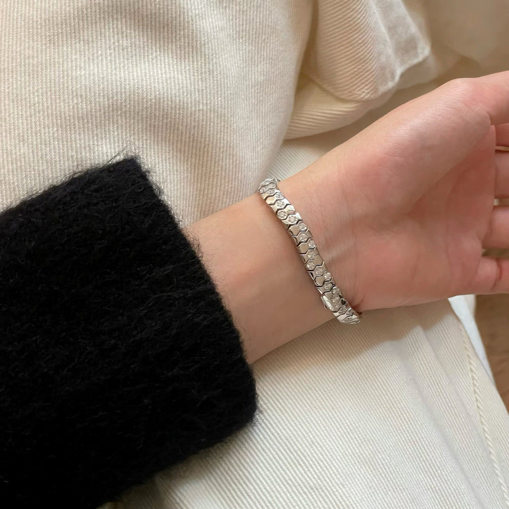 925 Sterling Silver Zirconia Hexagonal Wide Snake Bone Geometric Link Bracelet