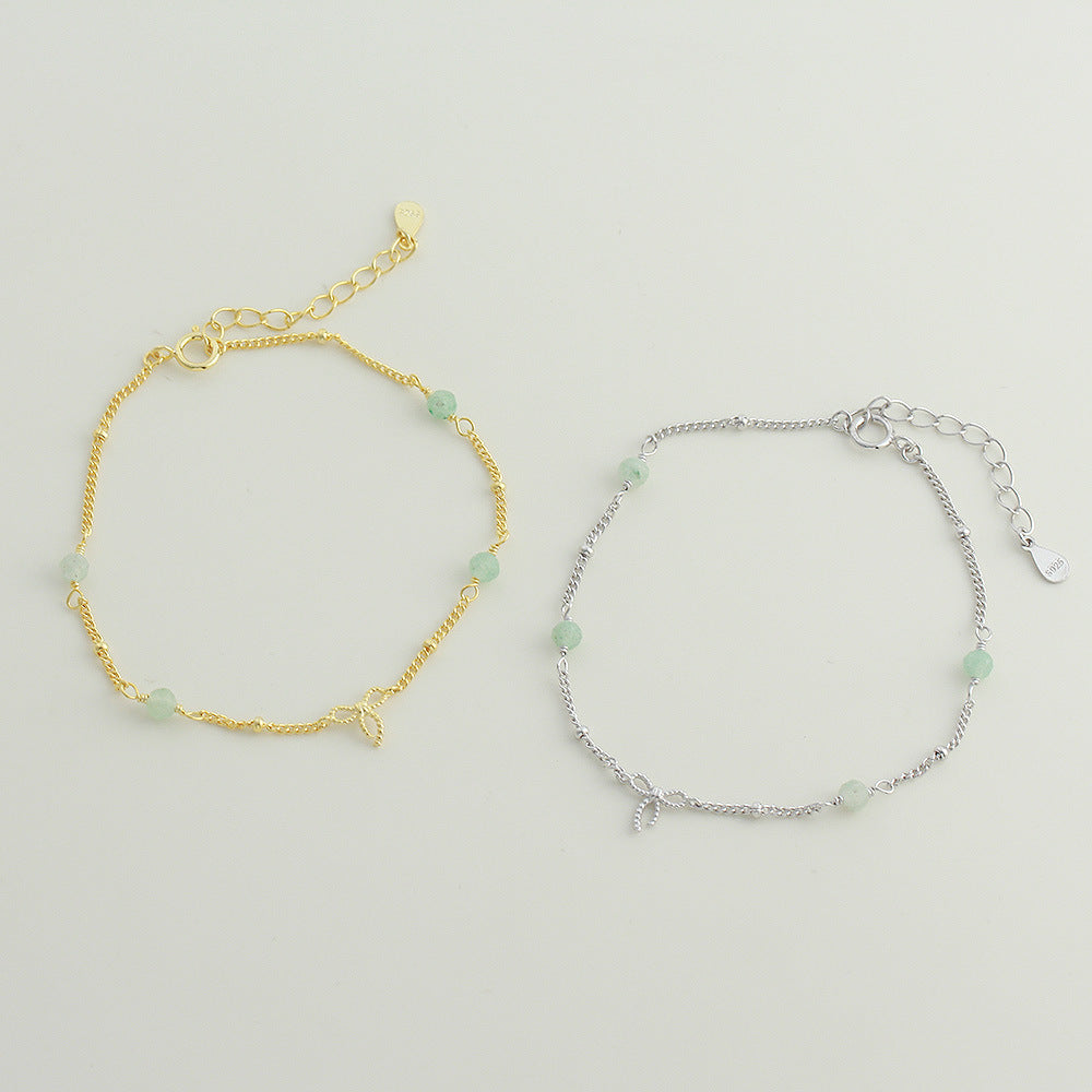 Bowknot Green Aventurine Natural Stone 925 Sterling Silver Chain Bracelet