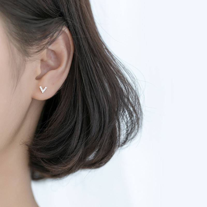 925 Sterling Silver Simple Geometric Mini Letter V Cubic Zirconia Stud Earrings