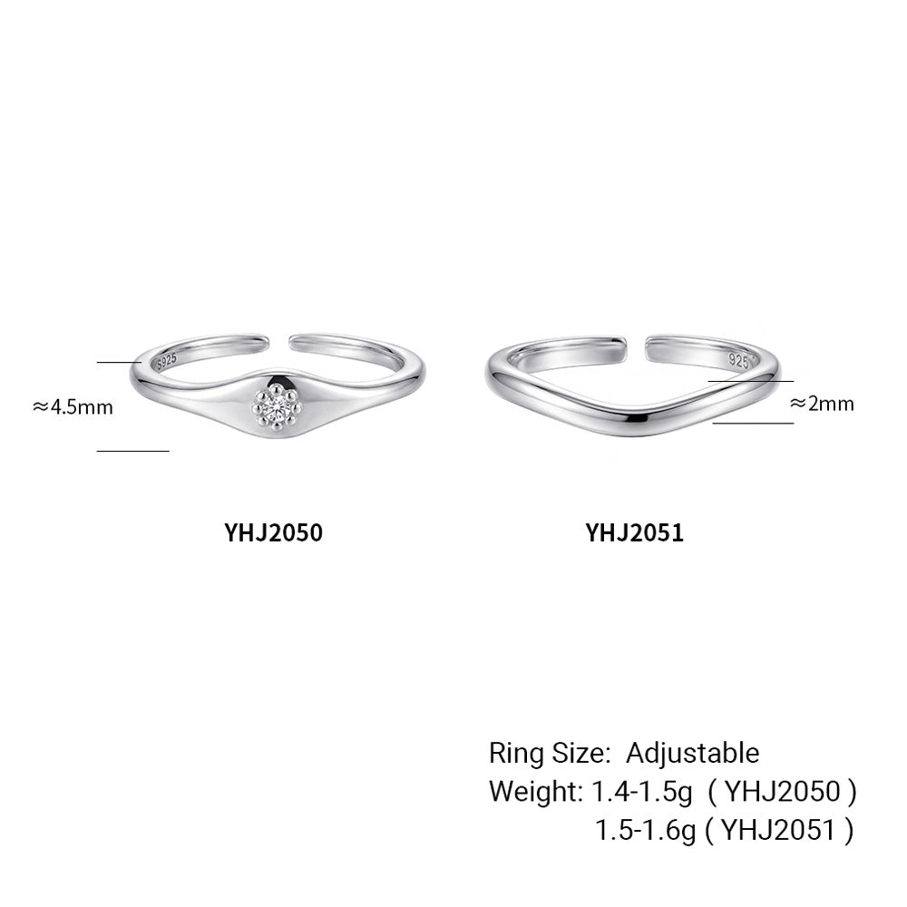 Minimalist Modern Geometric Wave 925 Sterling Silver Ring with Cubic Zirconia Adjustable Ring