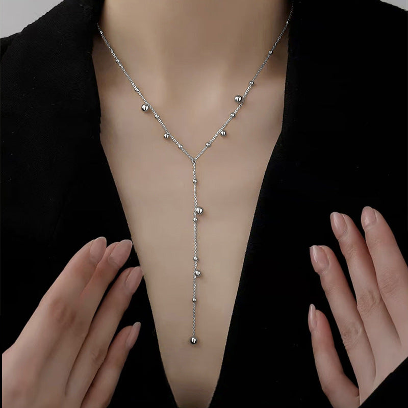 Pure Metal Geometric Tassel Bead Drop Y Necklace  925 Sterling Silver Long Flowing Chain Necklace