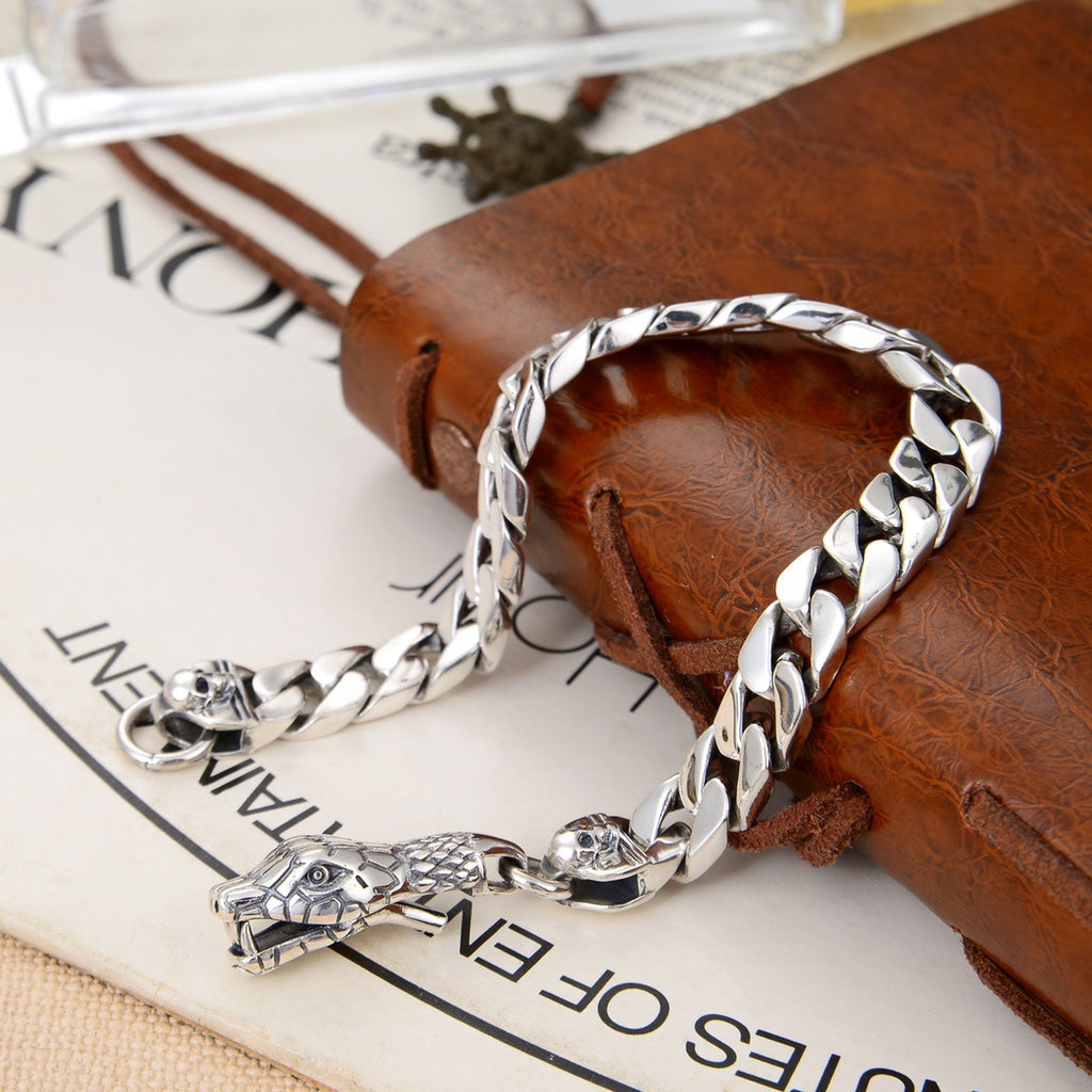 Men's Fashion Snake Head 925 Sterling Silver Curb Chain Bracelet