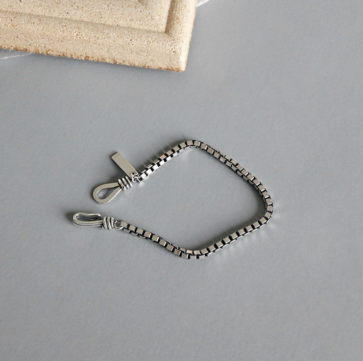 Hook Clasp And Rectangular Letter Tag Geometric Line Design Vintage Minimalist Fashion Jewelry925 Sterling Silver Box Chain Bracelet
