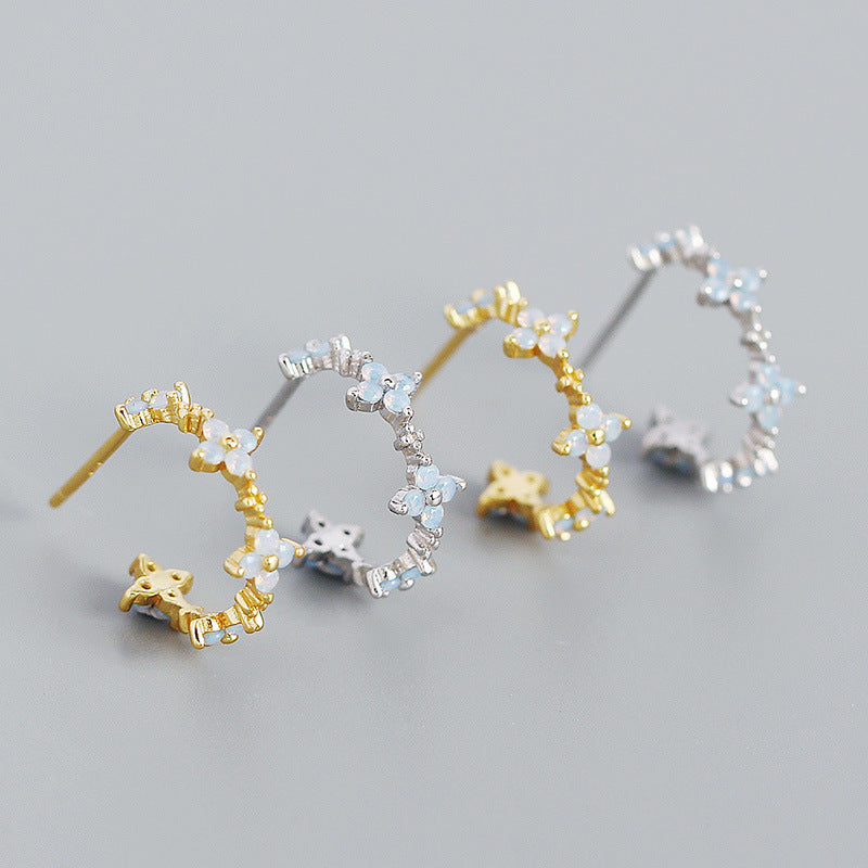 Girl CZ Four Leaf Clover Flower C Shape 925 Sterling Silver Hoop Earrings