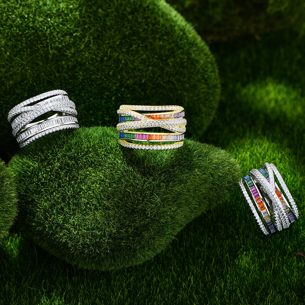 Colorful Rainbow Multi Layers CZ Cross 925 Sterling Silver Adjustable Ring