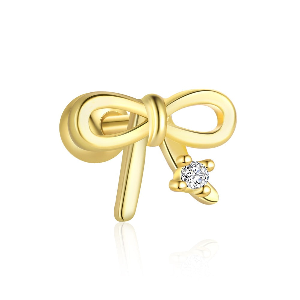 Honey Moon Golden CZ Bow-Knot 925 Sterling Silver Earring Adjustable Ring