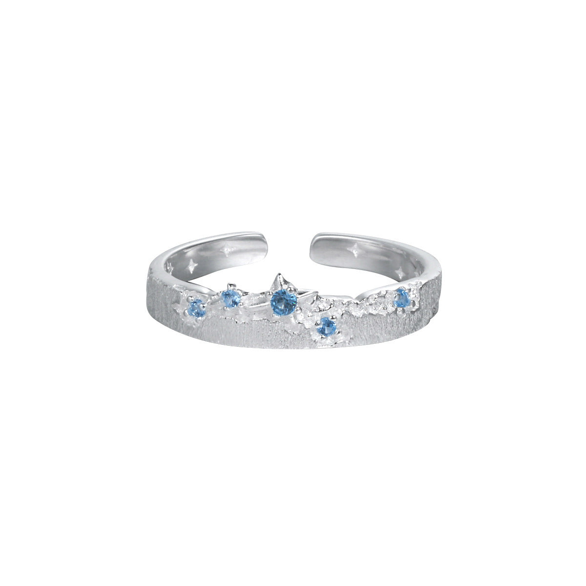 Brushed Texture Star Pattern Blue Cubic Zirconia 925 Sterling Silver Adjustable Ring