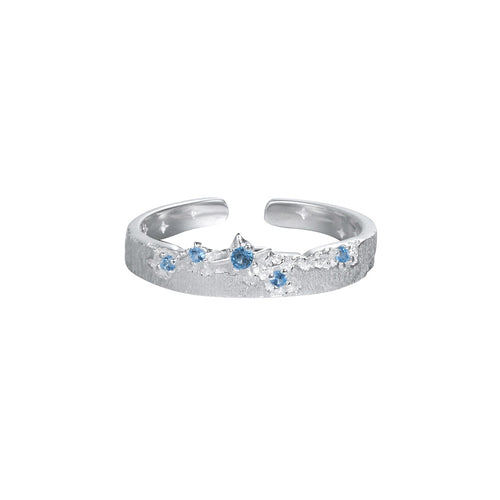 Brushed Texture Star Pattern Blue Cubic Zirconia 925 Sterling Silver Adjustable Ring