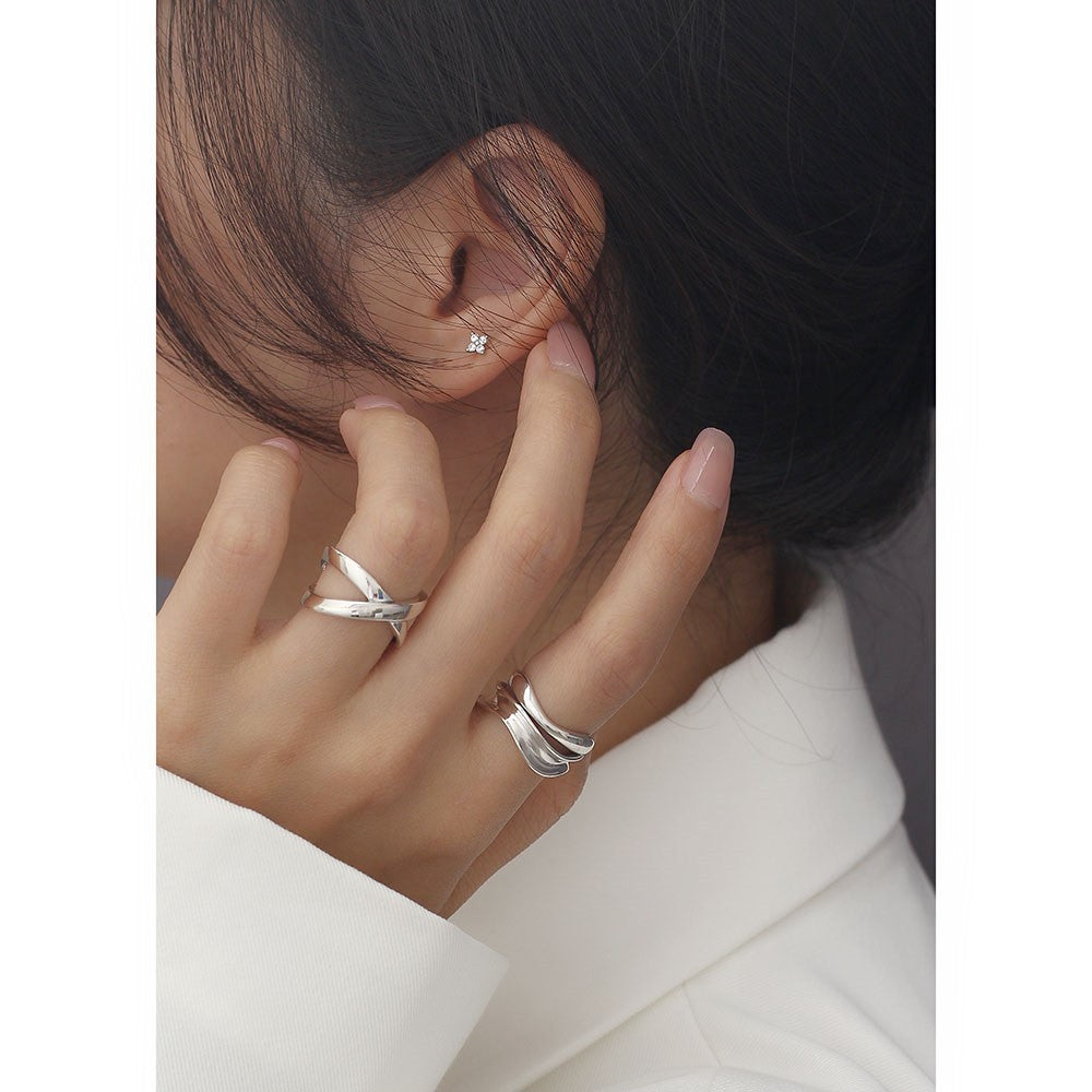 Minimalist Smooth Crossover X Shape Pure Metal S925 Sterling Silver Open Ring