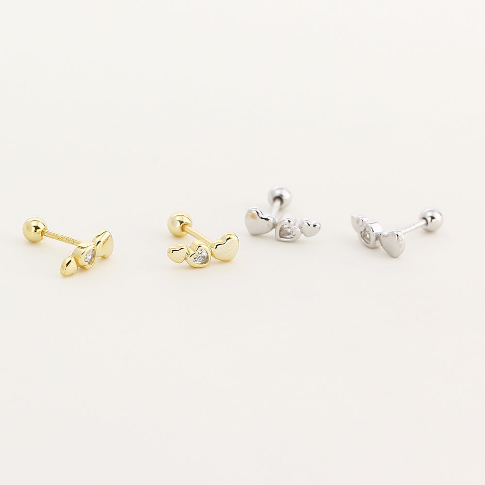 Modern Minimalist Daily Wear Mini Triple Heart Cubic Zirconia S925 Silver Screw Back Ear Stud Earrings