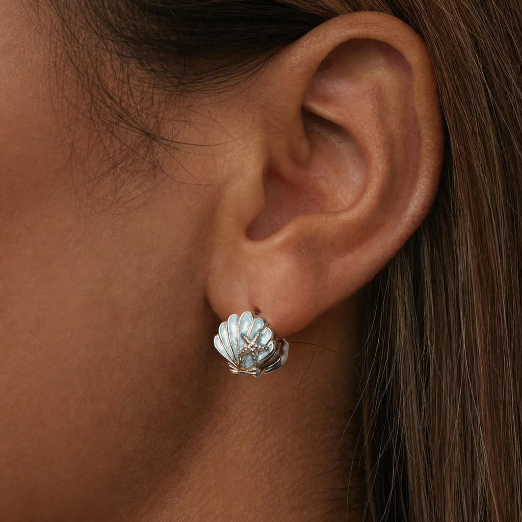 Ocean Style Powder Blue Epoxy Resin Colored Shell Star  Cube Zirconium 925 Sterling Silver Clip on Earrings