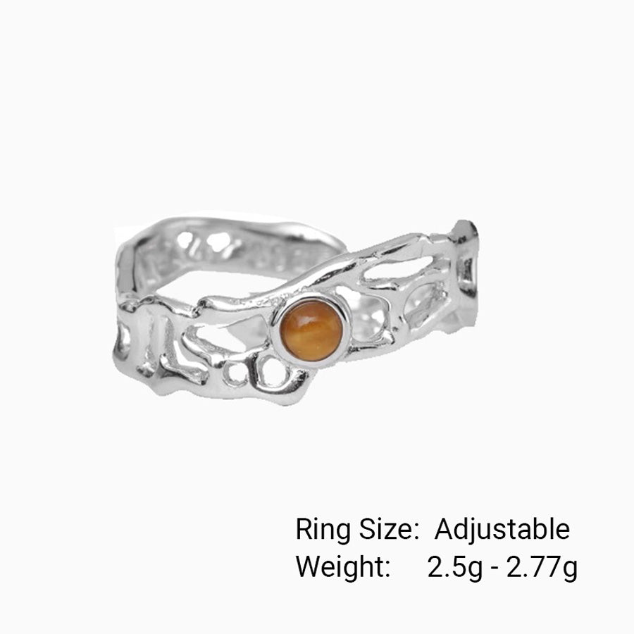 Modern Natural Tiger's Eye Irregular Openwork Pattern 925 Sterling Silver Adjustable Ring