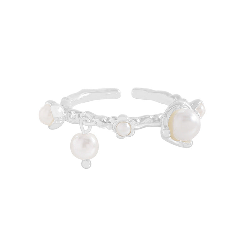 Women Beautiful Shell Pearl Flowers 925 Sterling Silver Adjustable Ring