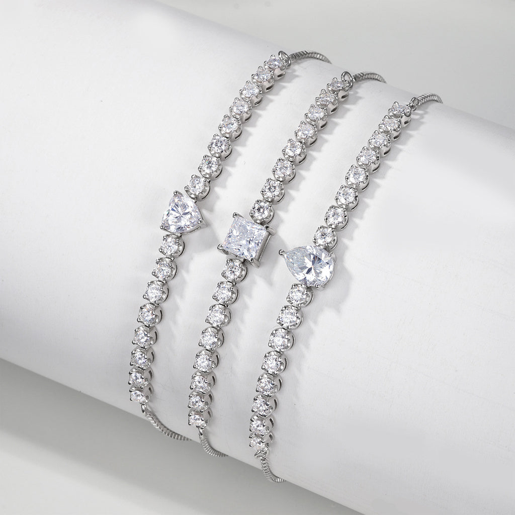 White Moissanite Geometric Princess Cut Square Center Stone Tennis Bracelet In S925 Sterling Silver Adjustable Slider Chain Bracelet Elegant Modern Fashion Jewelry Gift