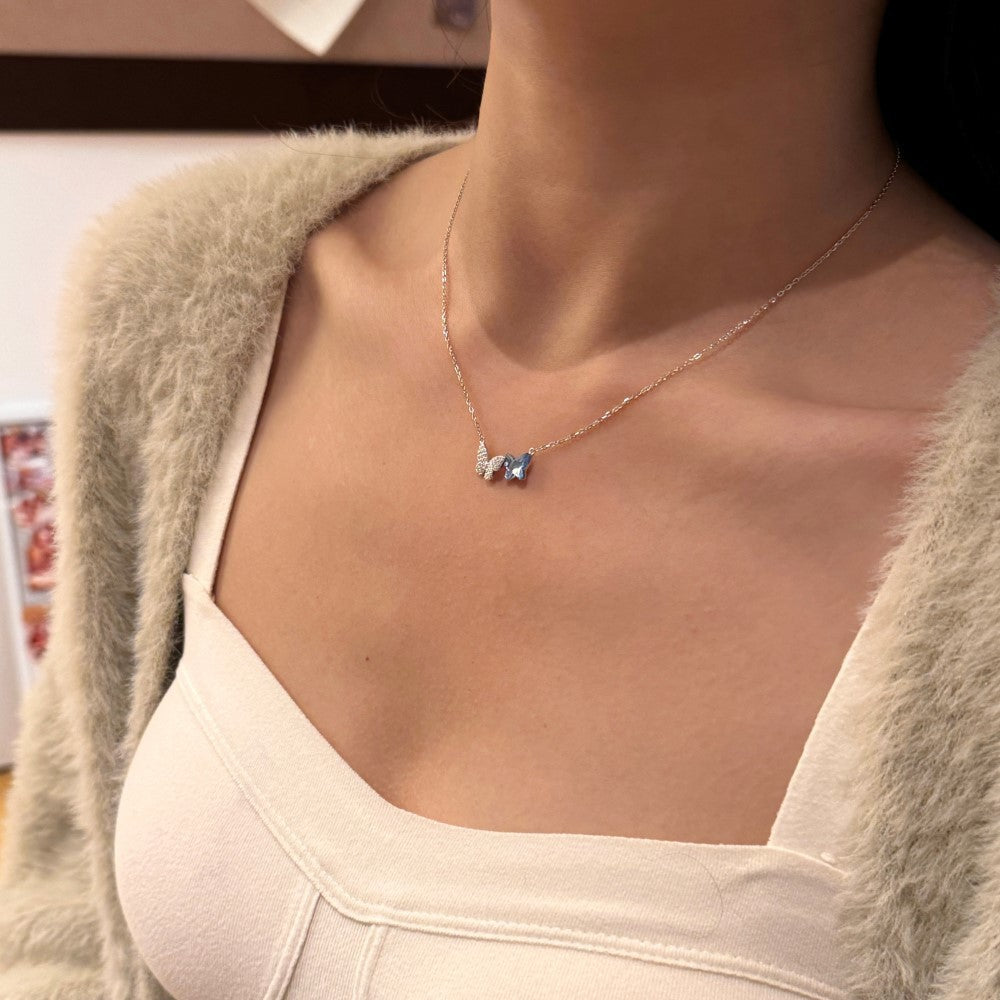 Women Beautiful Blue Austrian Crystal CZ Butterfly 925 Sterling Silver Necklace