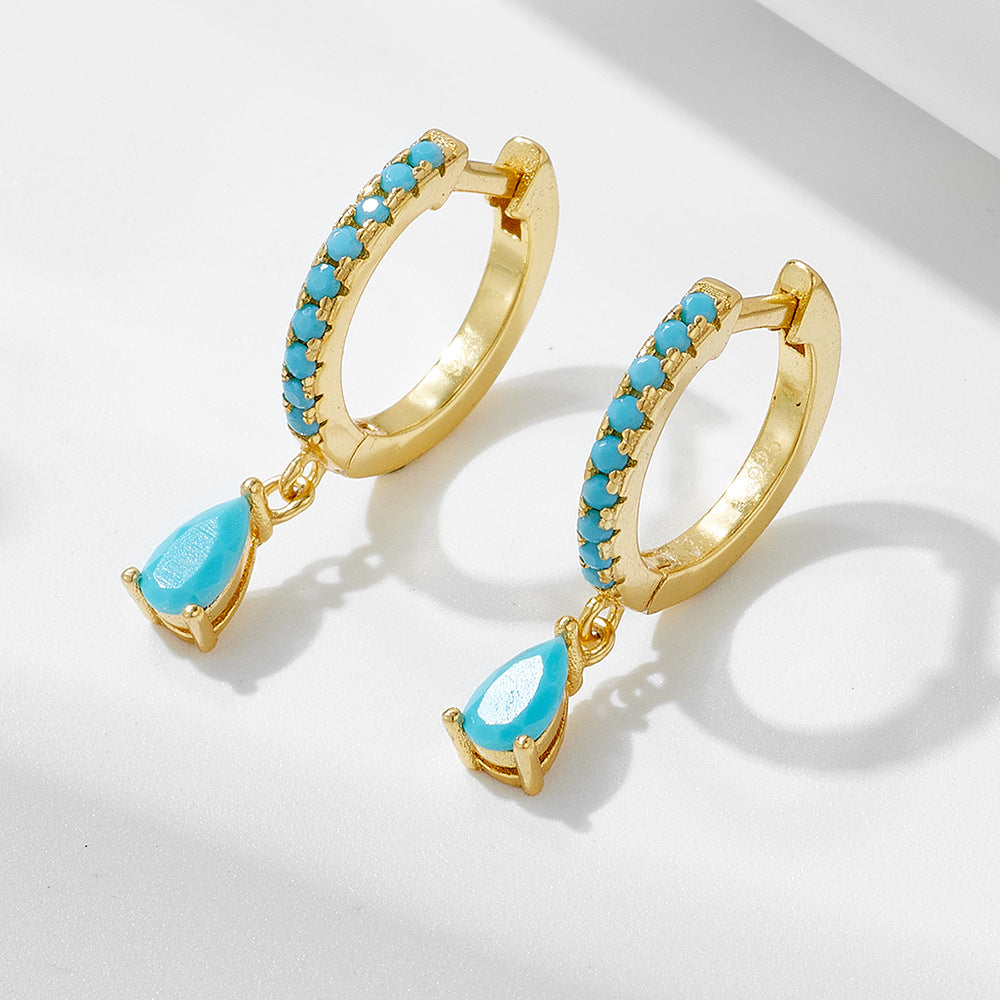 Women Fashion Style Party Anniversary Gift Elegant Turquoise Water Drop 925 Sterling Silver Hoop Earrings