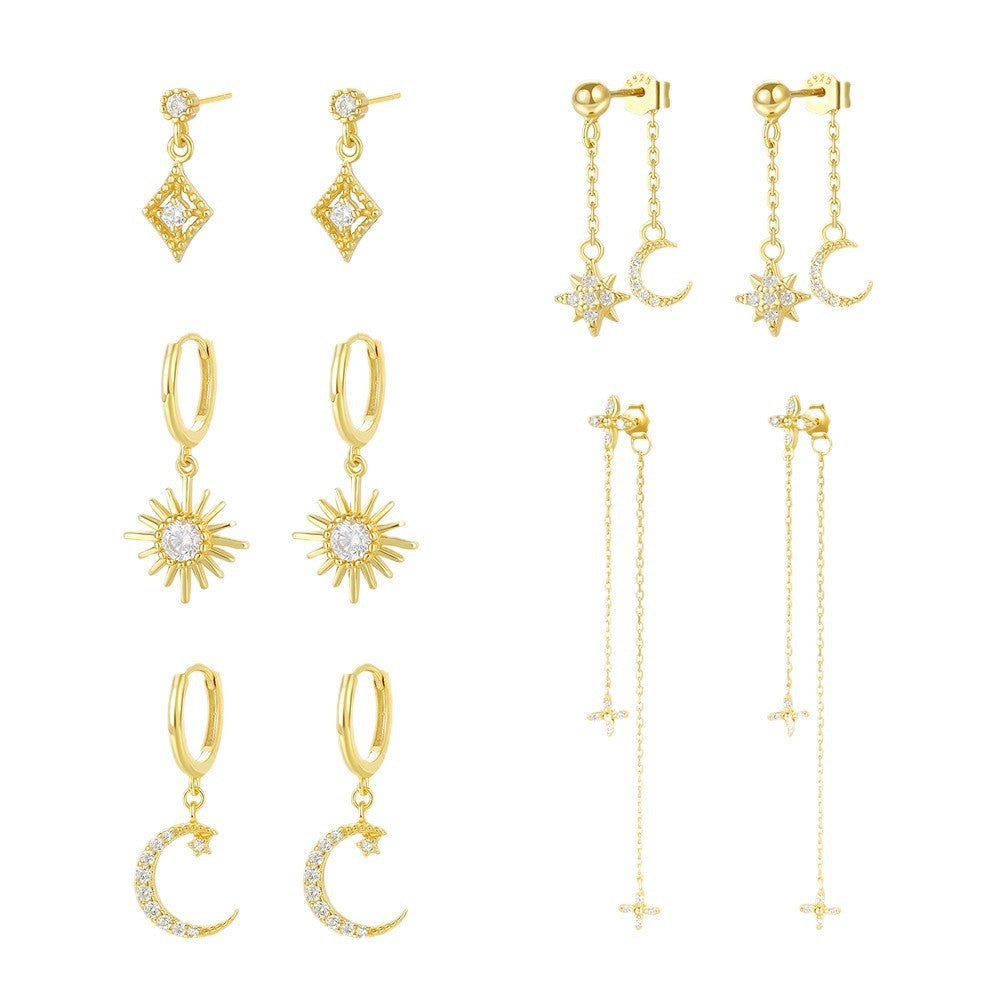 Beautiful Gold CZ Crescent Moon Sunshine Star 925 Sterling Silver Dangling Earrings
