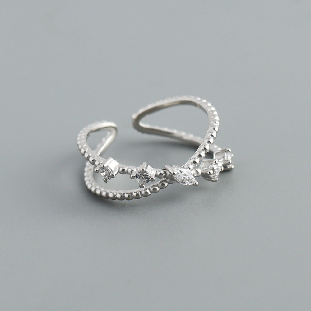 Cubic Zirconia Cross Style Open Adjustable Band 925 Sterling Silver Ring