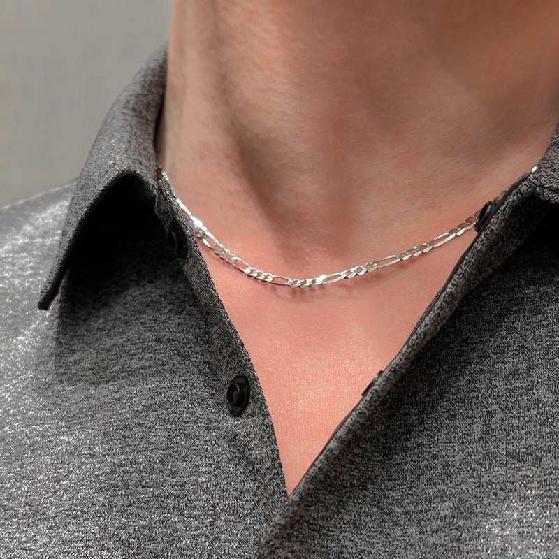 Classic 3 Plus 1 Figaro Chain Pure Metal 925 Sterling Silver Necklace White Gold And Yellow Gold Tone Side Link Chain Necklace For Women Men Daily Wear Simple Geometric Fashion Jewelry Gift