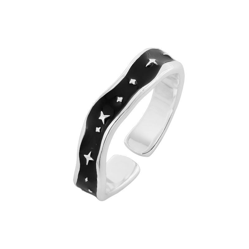 Geometric Design S925 Sterling Silver Starry Night Black Enamel Open Adjustable Ring