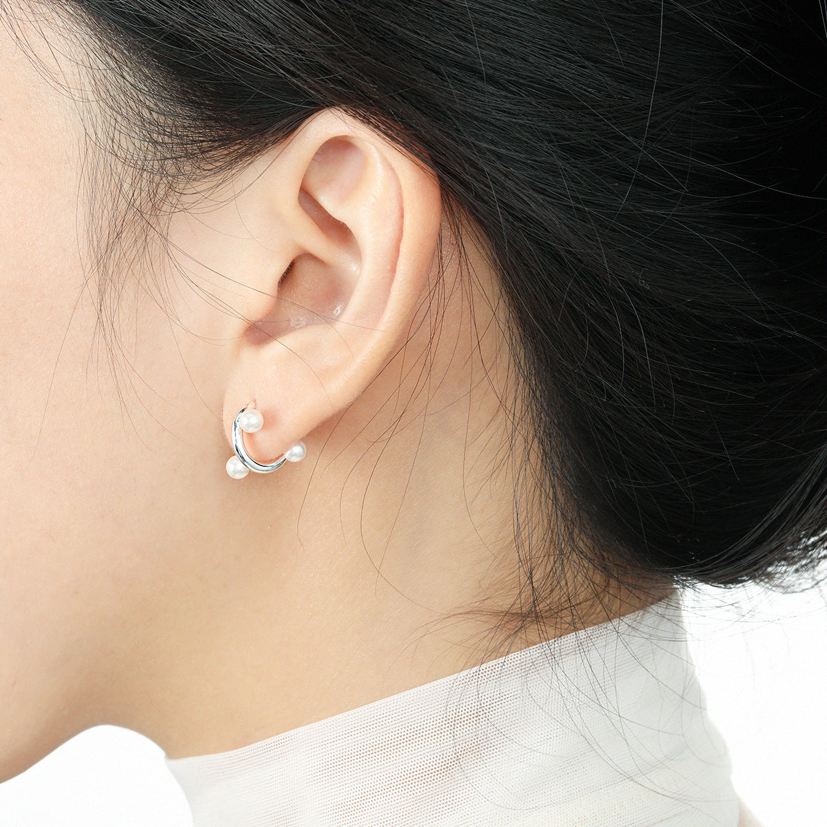 Fashion Office Round Shell Pearls C Shape 925 Sterling Silver Hoop Earrings