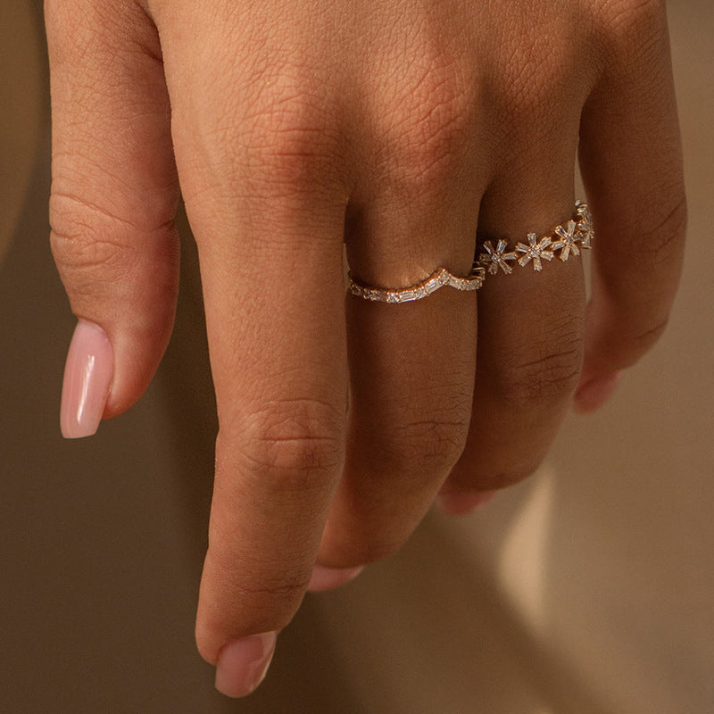 Modern Minimalist Fashion Jewelry Geometric Irregular Cubic Zirconia 925 Sterling Silver Micro Set Baguette Round Clear Stone Ring