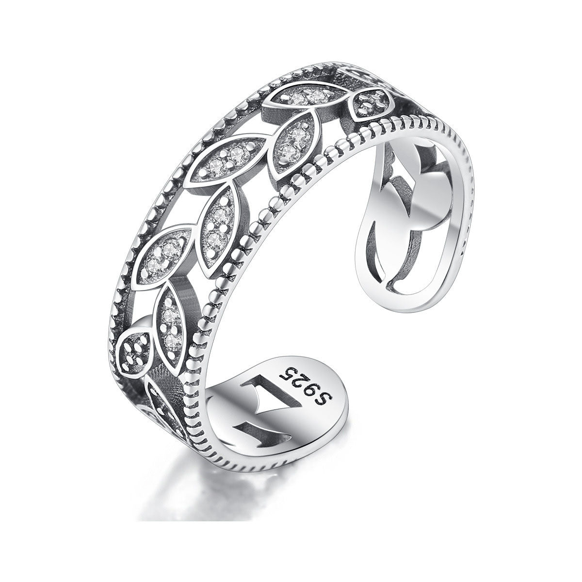 Vintage CZ Leaves 925 Sterling Silver Adjustable Ring