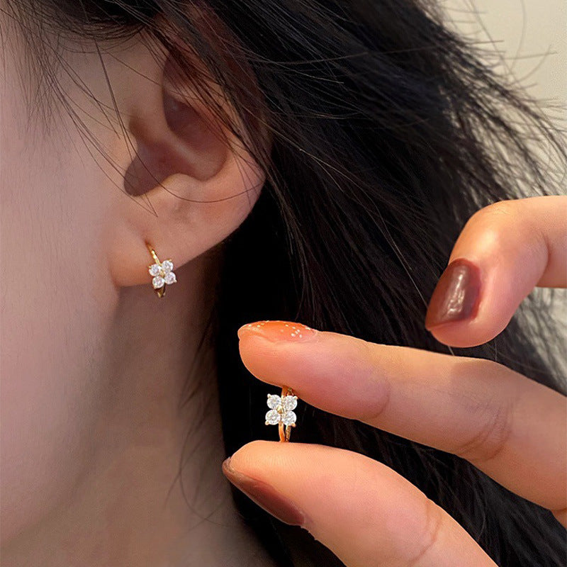 Office Simple CZ Four Leaf Clovers 925 Sterling Silver Hoop Earrings