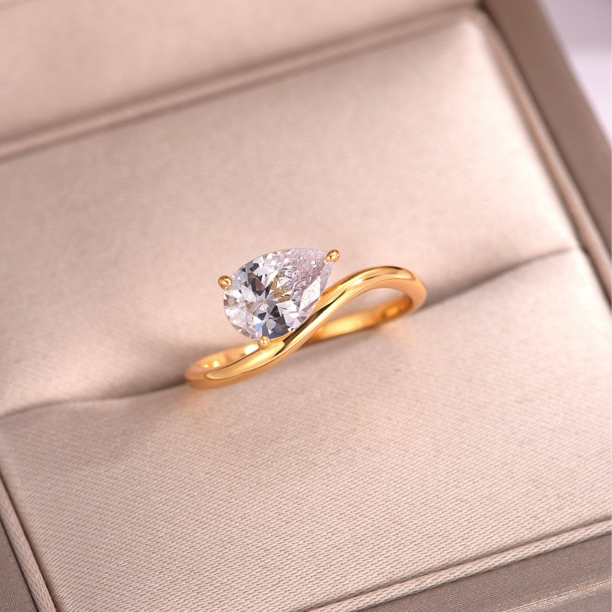Pear Shaped Moissanite  925 Sterling Silver Simple Wave Band Solitaire Ring