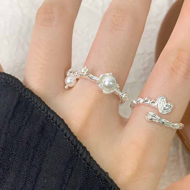 Women Beautiful Shell Pearl Flowers 925 Sterling Silver Adjustable Ring