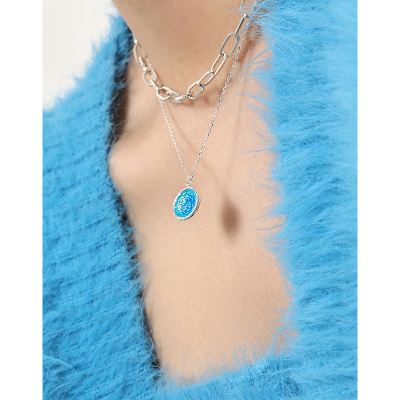 Ocean Series Blue Enamel Irregular Round 925 Sterling Silver Pendant Necklace