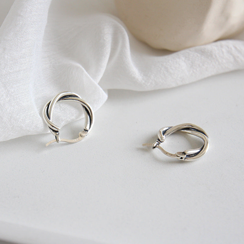 Vintage Twisted Design Retro Silver S925 Sterling Silver Hoop Earrings f