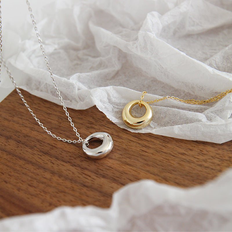 Minimalist Geometric Hollow Round Donut S925 Sterling Silver  Pendant Necklace