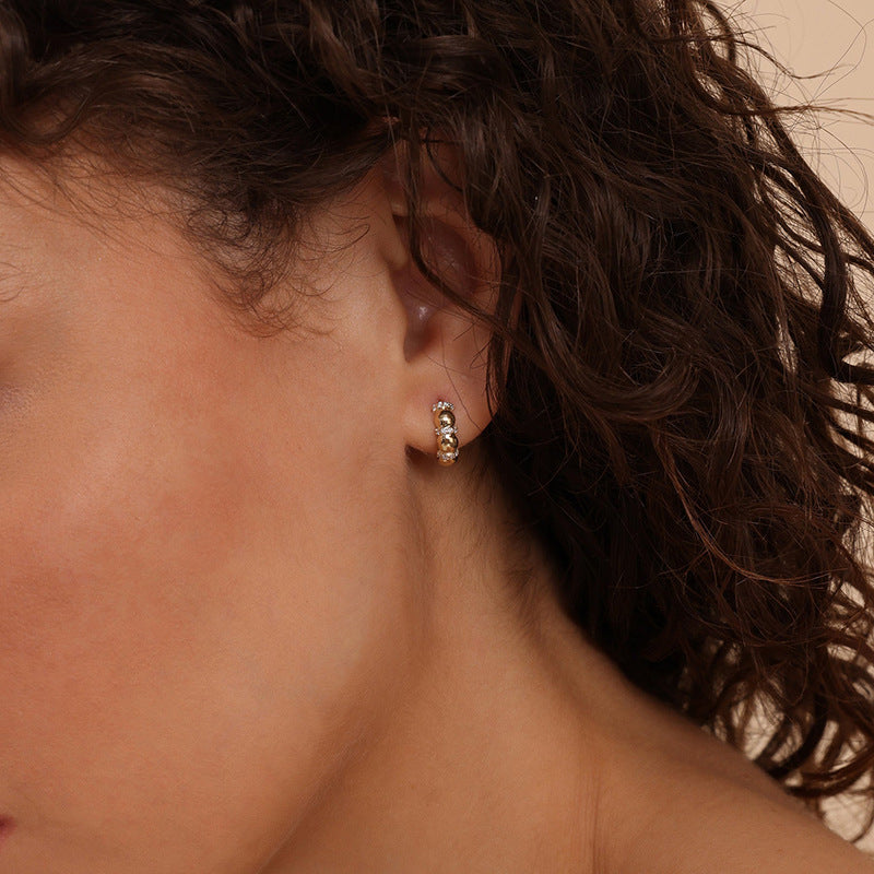 Geometric Oval Bead Spaced Cubic Zirconia 18K Gold Rhodium 925 Sterling Silver Hoop Huggie Earrings