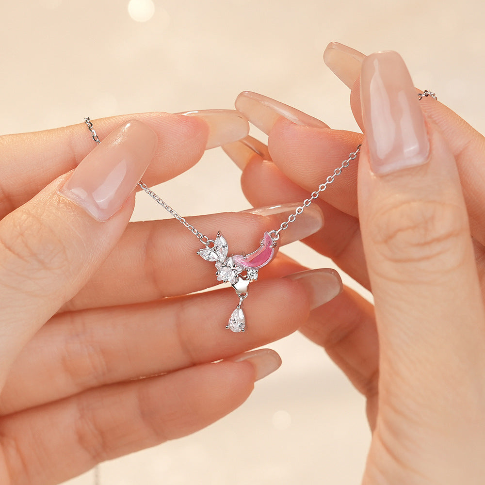 Women Pink CZ Cresceny Shining Star 925 Sterling Silver Necklace