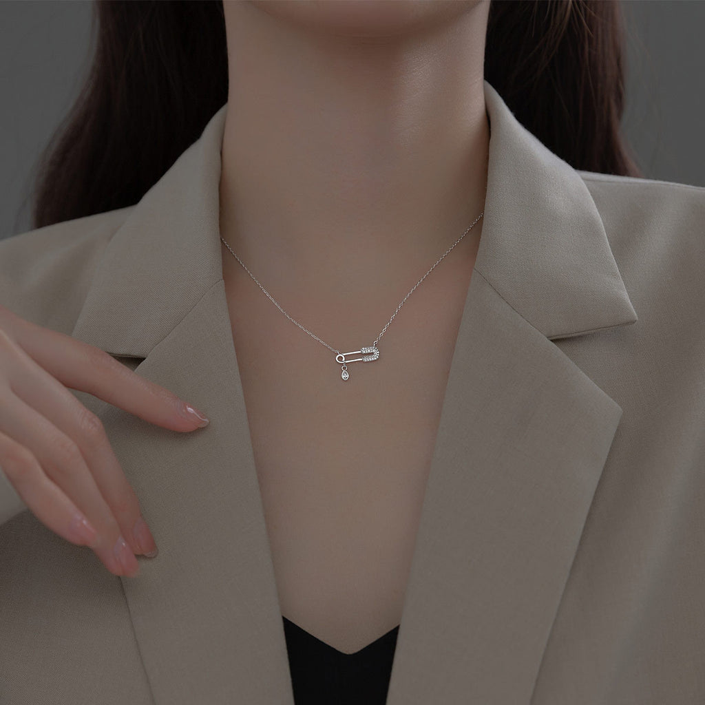 Cubic Zirconia Safety Pin Drop Pendant S925 Sterling Silver Minimalist Geometric Chain Necklace