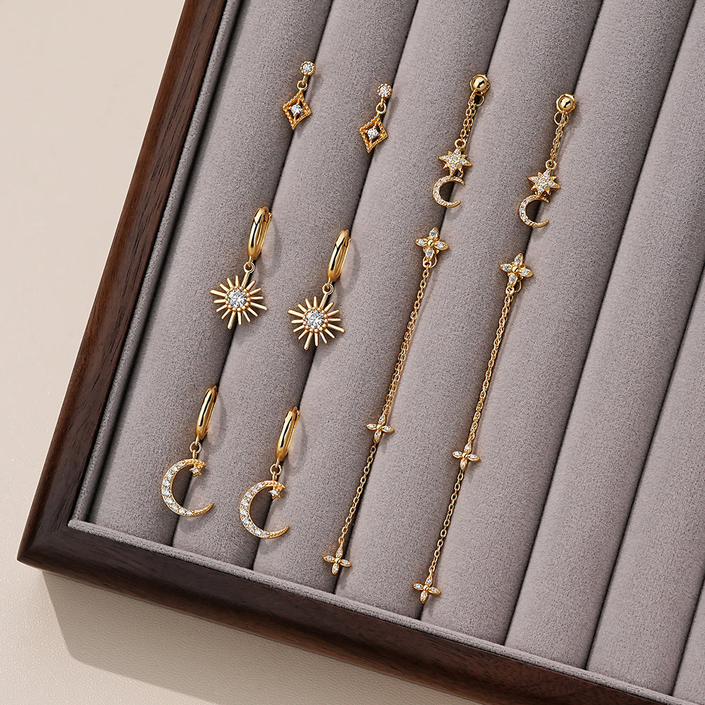 Beautiful Gold CZ Crescent Moon Sunshine Star 925 Sterling Silver Dangling Earrings