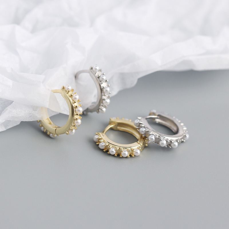 Office Mini Shell Pearls 925 Sterling Silver Huggie Hoop Earrings