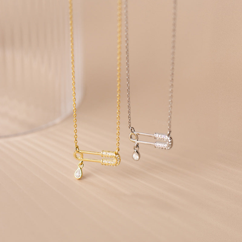 Cubic Zirconia Safety Pin Drop Pendant S925 Sterling Silver Minimalist Geometric Chain Necklace
