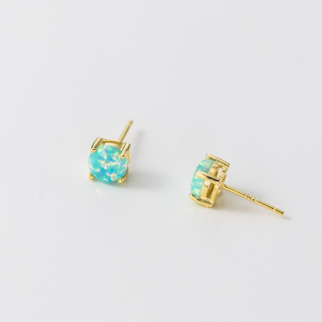 Geometric Four Prong Minimalist Delicate Round Blue White Green Opal S925 Sterling Silver Stud Earrings