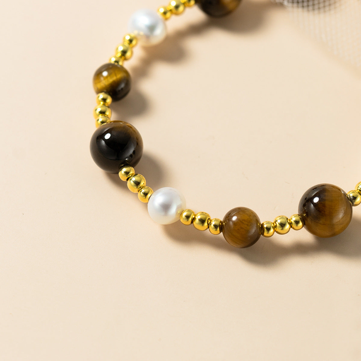 Tiger Eye Stone And Pearl Beaded S925 Silver Round Bead Chain Bracelet