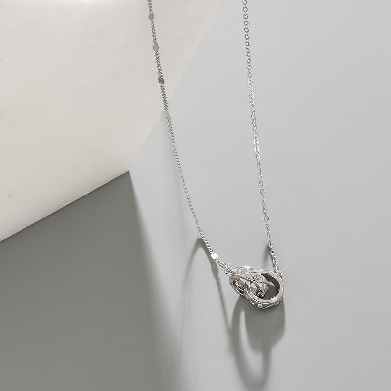 Geometric Double Interlocking Ring Cubic Zirconia S925 Sterling Silver Necklace