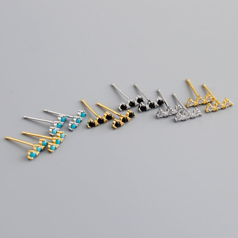 Geometric Three Stone Bar Stud Earrings with Cubic Zirconia and Turquoise in 925 Sterling Silver Stud Earrings