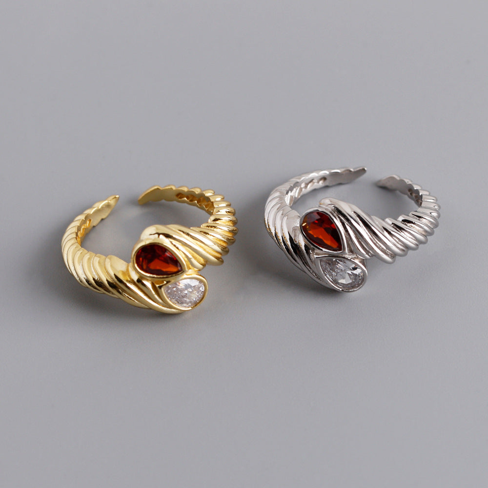 Fashion Twisted Pattern Red White Waterdrop CZ 925 Sterling Silver Adjustable Ring