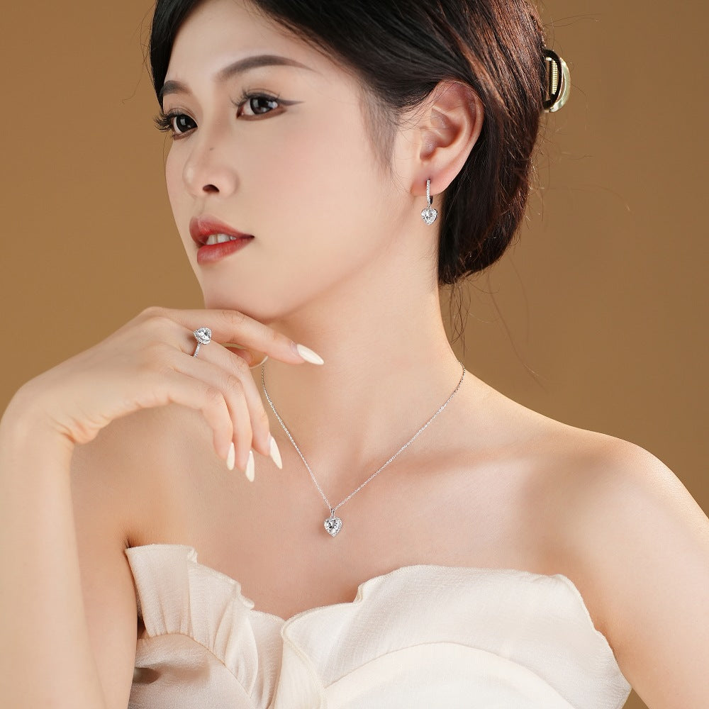 Honey Moon Shining CZ Heart 925 Sterling Silver Adjustable Ring Earrings Necklace