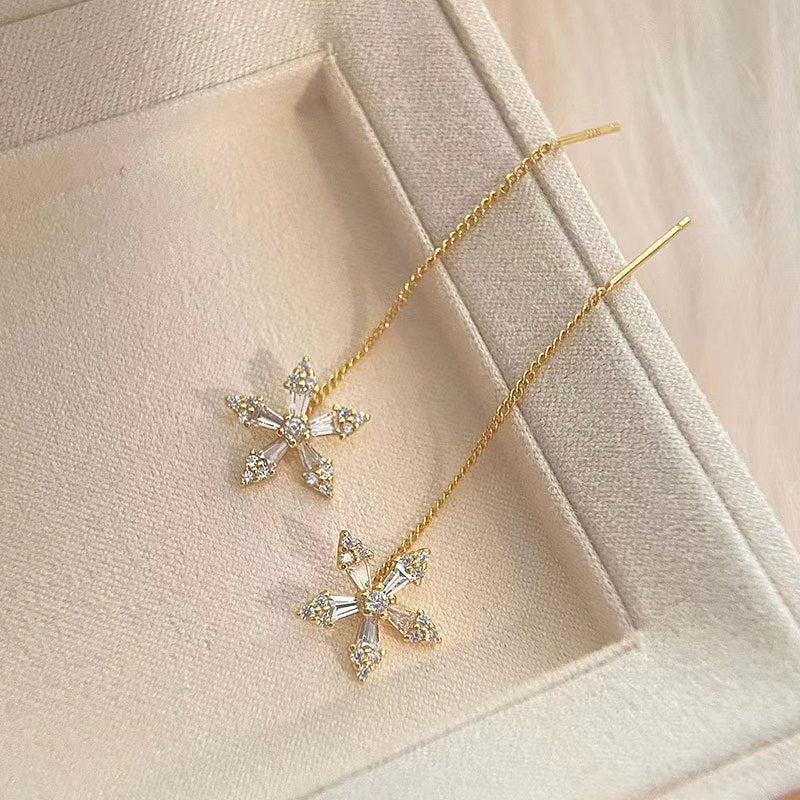 Beautiful CZ Flowers Women 925 Sterling Silver Dangling Tassels Earrings